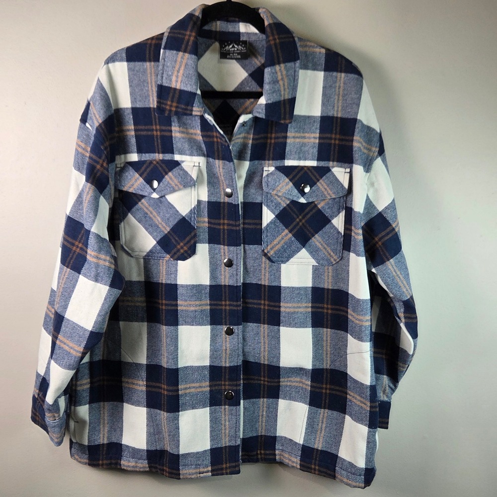 HFX Shirt Jacket Womens XL Blue White Plaid Excellent Wool Blend Flannel Shacket